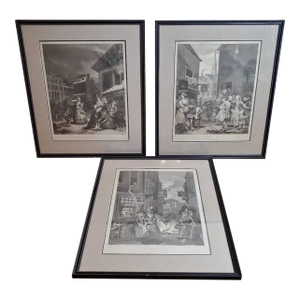 18th Century William Hogarth Four Times of Day Engravings - Set of 3 Framed Prints
