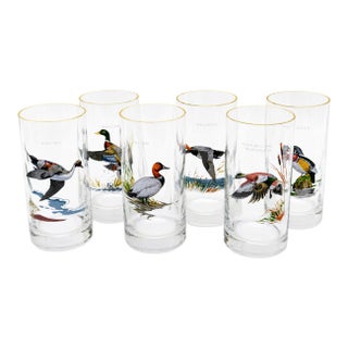 Vintage Ned Smith Waterfowl Series Highball Glasses Set of 6 - 22k Gold Rim Crinkle Textured For Sale