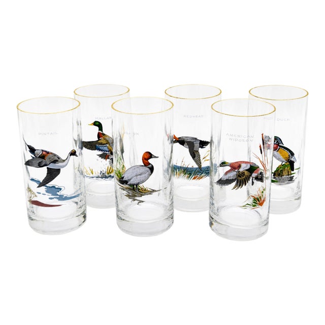 Vintage Ned Smith Waterfowl Series Highball Glasses Set of 6 - 22k Gold Rim Crinkle Textured For Sale