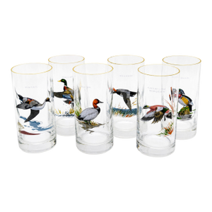 Vintage Ned Smith Waterfowl Series Highball Glasses Set of 6 - 22k Gold Rim Crinkle Textured