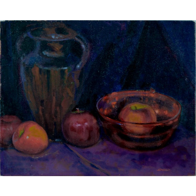 Jug and Still Life in Purple with Apples by Alvin R. Raffel 1928 Oil on Linen of an urn with a bowl and apples in a Purple...