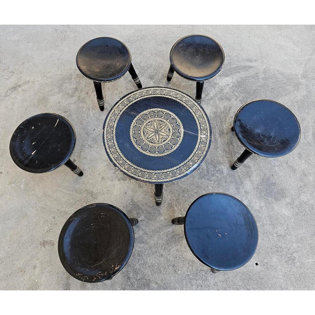 Black Hand Carved Coffee Table with Stools attributed to Ettore Zacchari, Italy, 1890s, Set of 7 For Sale - Image 8 of 14