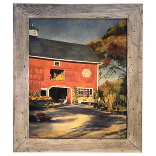 1970s Autumn Barn Landscape and Oil on Canvas of Red Barn Signed J. Preece For Sale