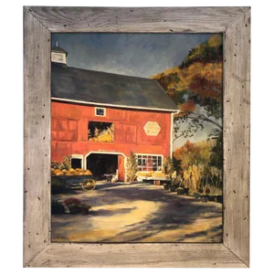 1970s Autumn Barn Landscape and Oil on Canvas of Red Barn Signed J. Preece
