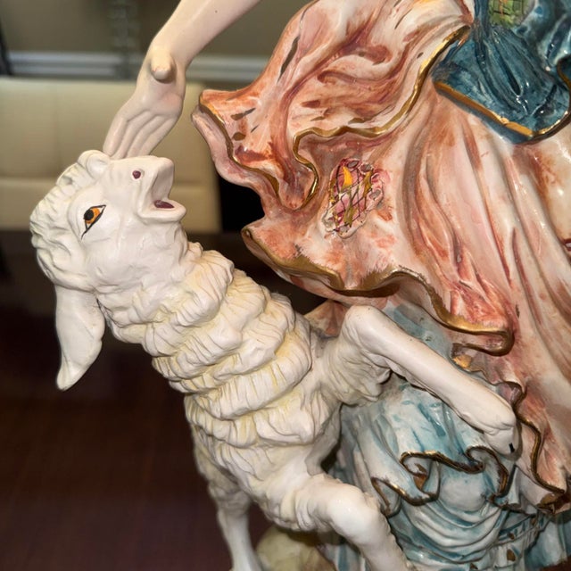 Vintage Italian Capodimonte-Style Hand Painted Porcelain Pheasant Lady With Lamb Figurine Lamp For Sale - Image 12 of 17