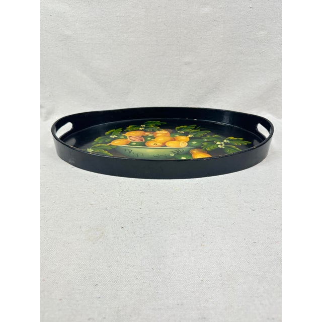 Wood Vintage Hand-Painted Black Lacquer Oval Tole Serving Tray With Citrus Fruit For Sale - Image 7 of 11