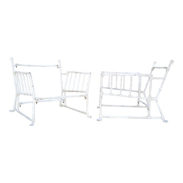 Large French Maison Jansen Steel Faux Bamboo Lounge Chairs Distressed Look Pair For Sale