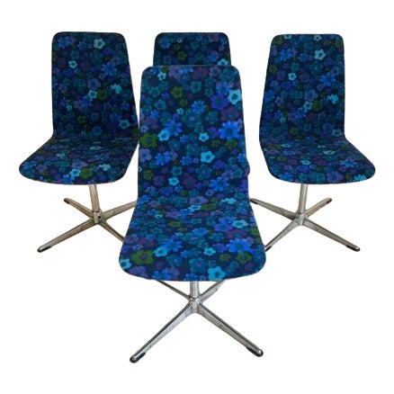 Danish Swivel Dining Chairs in Flower Power Fabric, 1960s) Set of 4 For Sale