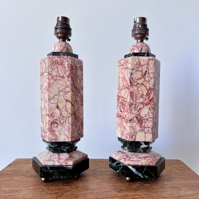 Mid-Century Modern Italian Marble Table Lamps with Bespoke Shades, 1950s, Set of 2 For Sale - Image 8 of 11