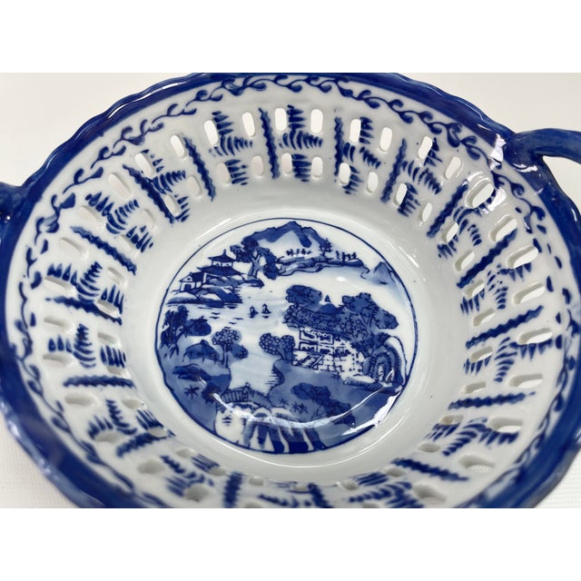 Vintage Chinese Porcelain Blue & White Handled Basket For Sale - Image 9 of 9