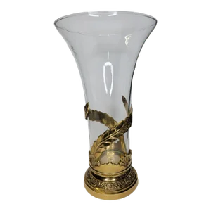 Vintage Art Nouveau Hand Blown Glass Vase With Ornate Brass Base