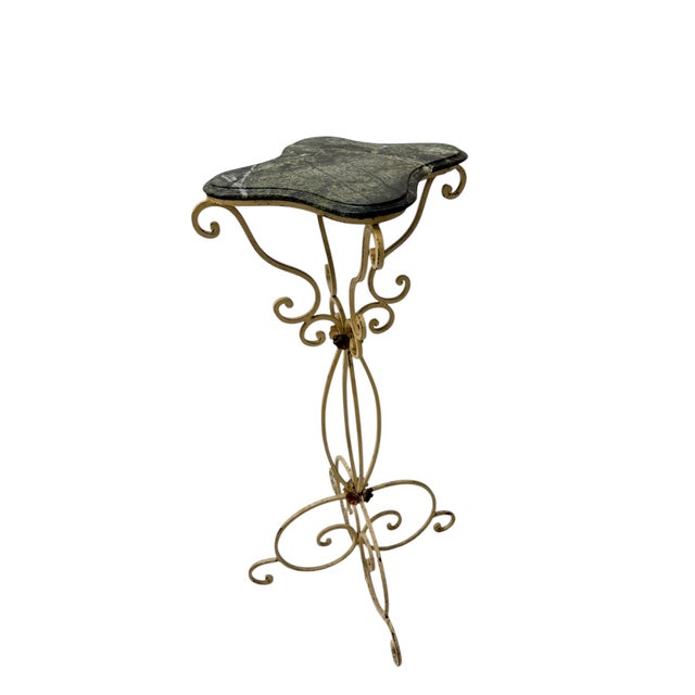 Stone Hollywood Regency Lacquered Wrought Iron Pedestal Table with Marble Top, 1970s For Sale - Image 7 of 9