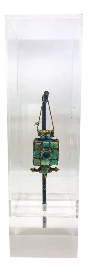 Turquoise Square Tibetan Gau in Lucite Display Case