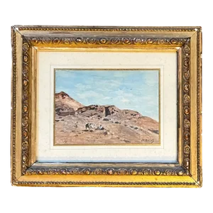 Antique 19th Century Watercolor Landscape Painting of Camels in the Desert