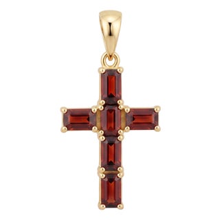Garnet Cross Pendant in 18k Yellow Gold Plated | Deep Red Gemstone Charm | January Birthstone Dainty Christian Pendant For Sale