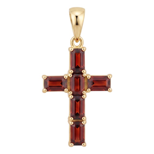 Garnet Cross Pendant in 18k Yellow Gold Plated | Deep Red Gemstone Charm | January Birthstone Dainty Christian Pendant For Sale