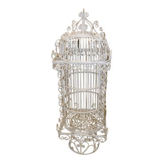 Vintage Tall White Fern Head Round Wicker Hanging Bird Cage W/ Single Door For Sale