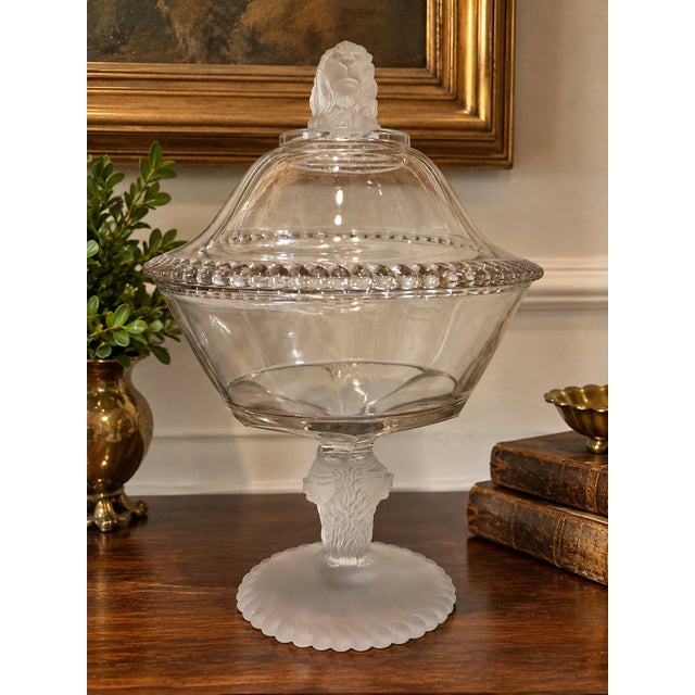 An exceptional late-19th-century American pressed-glass covered compote in Gillinder & Sons’ celebrated Frosted Lion...