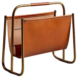 Magazine Rack in Brass Brown Cognac Leather attributed to Carl Auböck, 1950s For Sale