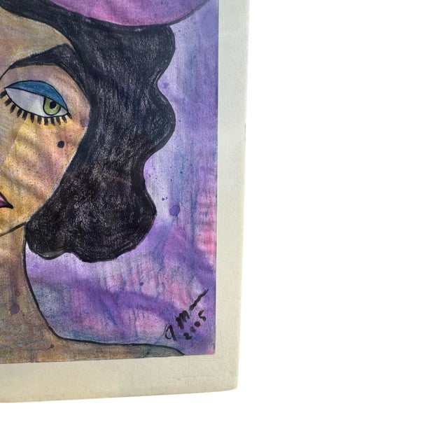 Original painting signed and dated by the artist. Depicting a lady wearing a large purple hat. Folk art style with bold...