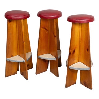 Mid-Century Wooden Bar Stools With Red Upholstery - Set of 3 For Sale