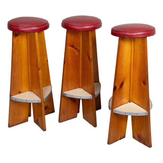 Mid-Century Wooden Bar Stools With Red Upholstery - Set of 3 For Sale