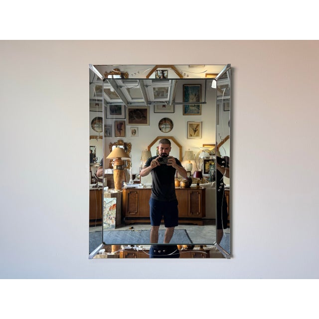 Contemporary 1960’s Hollywood Regency Venetian Etched Wall Mirror With Chrome Accents For Sale - Image 3 of 9