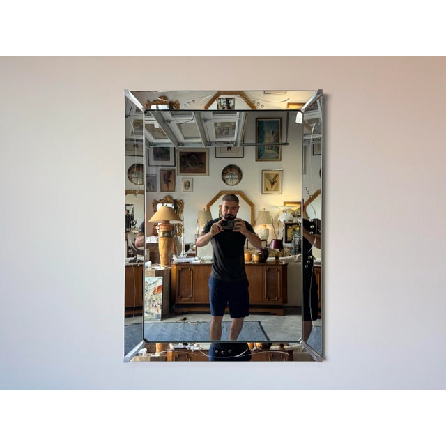 Contemporary 1960’s Hollywood Regency Venetian Etched Wall Mirror With Chrome Accents/ Sold For Sale - Image 3 of 9