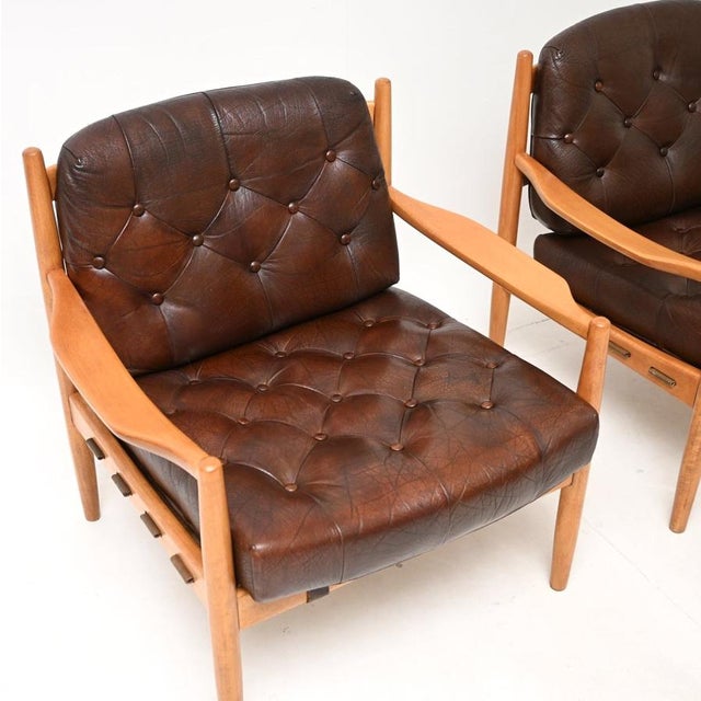 Wood Vintage Swedish Leather and Birch Armchairs by Ingemar Thillmark for OPE, 1960s, Set of 2 For Sale - Image 7 of 12