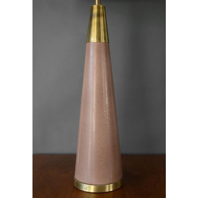 Large 1950s Mid Century Cone-Shaped Crackle Ceramic and Brass Table Lamp For Sale - Image 9 of 11