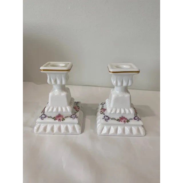 White Westmoreland Milk Glass Hand Painted Roses and Bows Candlesticks - a Pair For Sale - Image 8 of 8