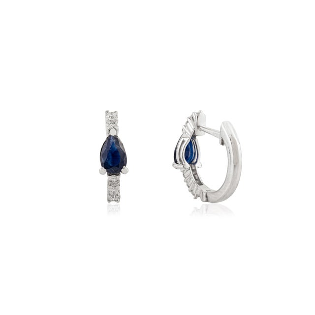 18k White Gold 1 Ct Pear-Shaped Blue Sapphire & Diamond Chic Hoop Earrings- A Pair For Sale In New York - Image 6 of 14