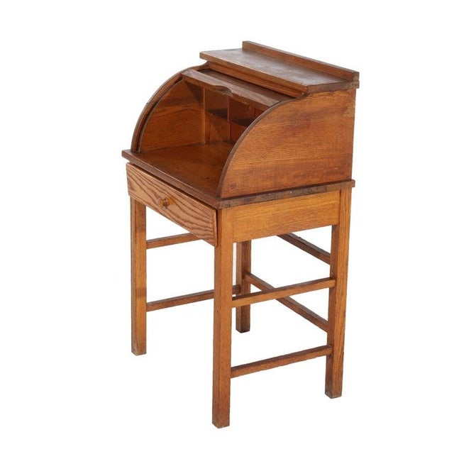 Antique Oak Child’s Roll Top Desk C1920 For Sale - Image 10 of 13