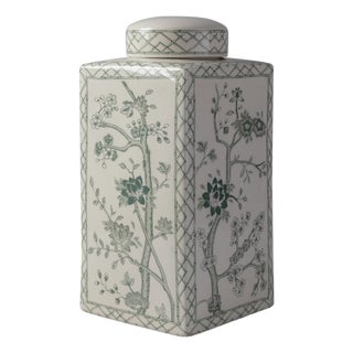 Jardin Green Chinoiserie Tea Caddy Jar, Large For Sale