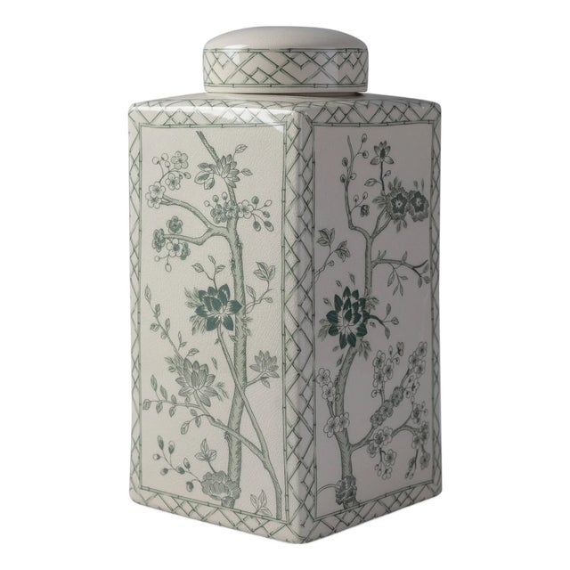 Jardin Green Chinoiserie Tea Caddy Jar, Large For Sale