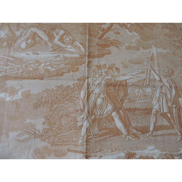 Antique Soft Yellow Printed Cotton Toile De Jouy Textile Fragment. Depicting soldiers in full regalia. Size: 21"H x 31.5"W