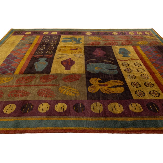 Modern Modern Tibetan Hand-Knotted Wool and Silk Rug With Botanical and Geometric Motif For Sale - Image 3 of 10