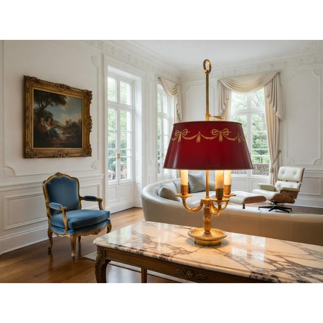 Vintage French Brass Bouillotte Table Lamp with Red Shade, 1960s For Sale - Image 3 of 16