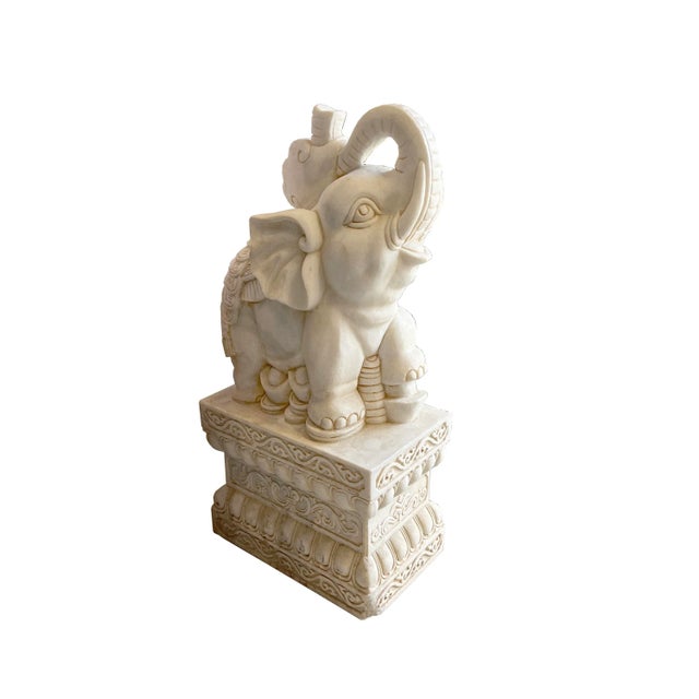 Chinese Pair White Marble Stone Fengshui Elephant Trunk Up Statues For Sale - Image 4 of 9