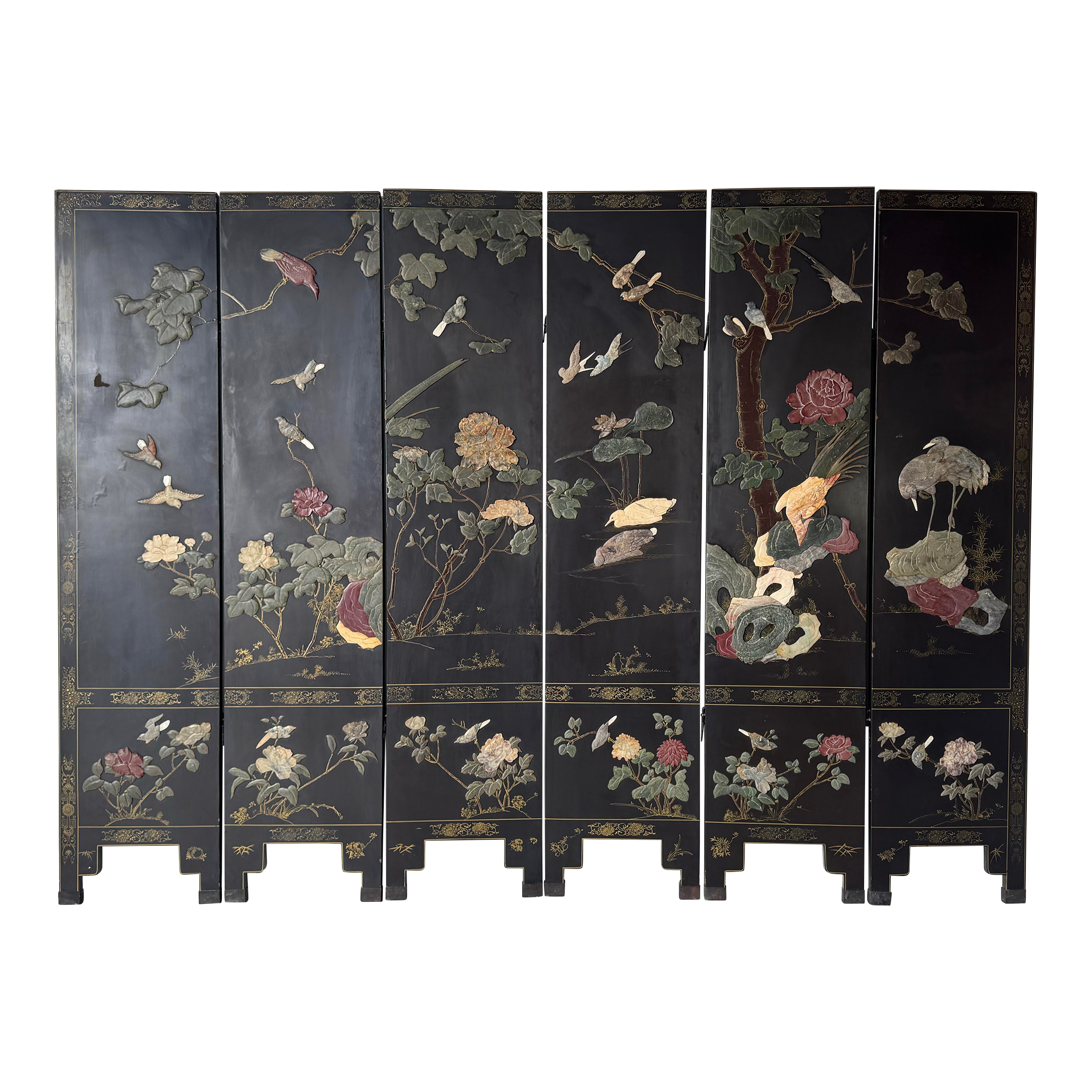 robin様用ページ Vintage Asian Hand-Carved Soapstone Six-Panel Folding Screen With