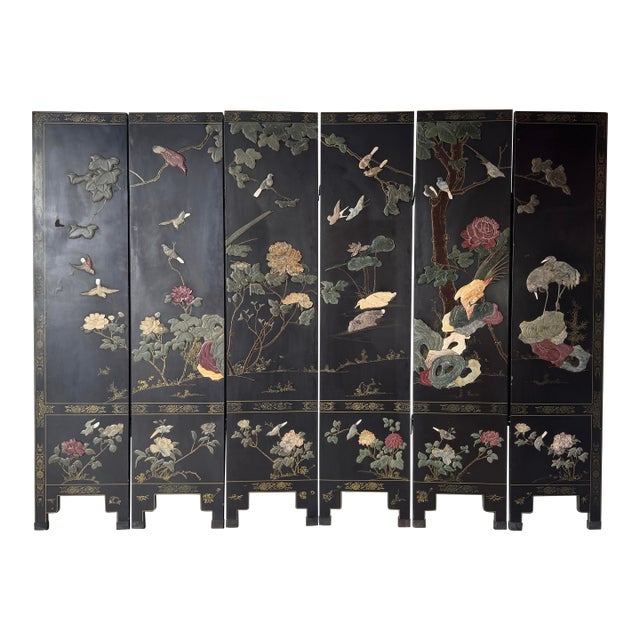 Vintage Asian Hand-Carved Soapstone Six-Panel Folding Screen With Birds, Flowers & Foliage For Sale