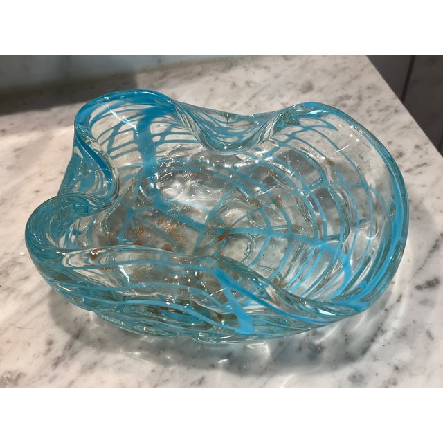 Murano Blue Ribbon Splatter Style Art Glass Catchall in the Manner of Murano For Sale - Image 4 of 7