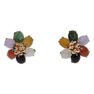 Multicolor Jade Flower Clip Earrings, A Pair For Sale