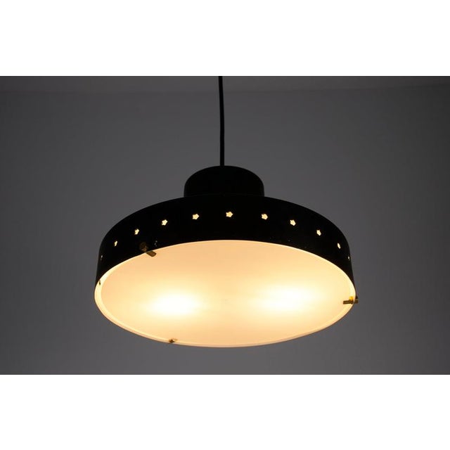 Black Metal and Opaline Glass Pendant Lamp attributed to Stilnovo, Italy, 1960s For Sale - Image 9 of 13