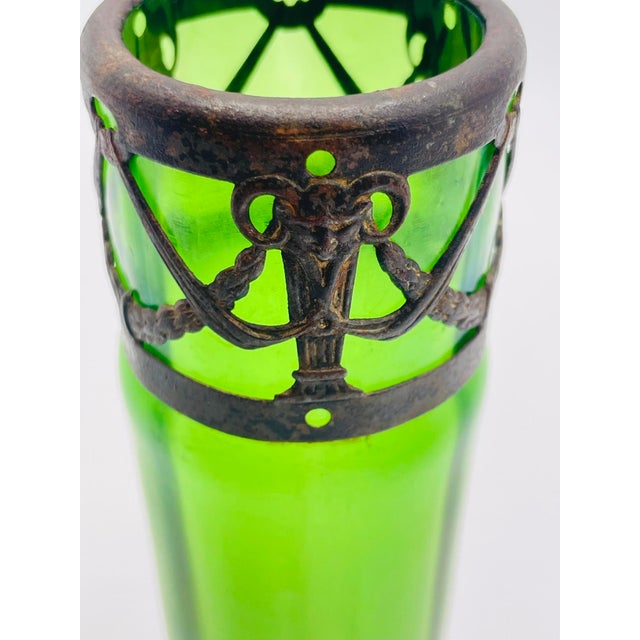 Early 20th Century Iridescent Green Glass Vase With Decorative Metal Insert For Sale - Image 13 of 17