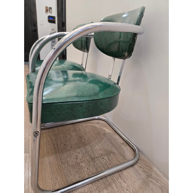 Emerald Mid 20th Century Art Deco Accent Chairs - Pair - Chrome and Green - Attributed to Kem Weber for Lloyd’s Manufacturing For Sale - Image 8 of 18