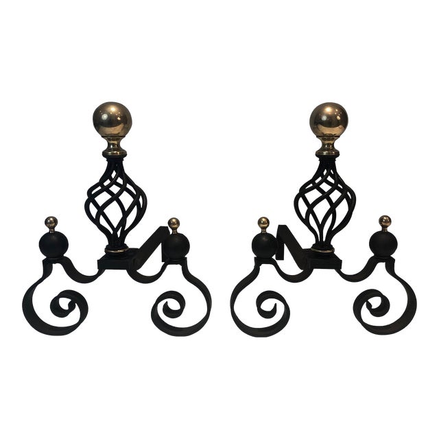 1970s Wrought Iron and Brass Andirons - a Pair For Sale
