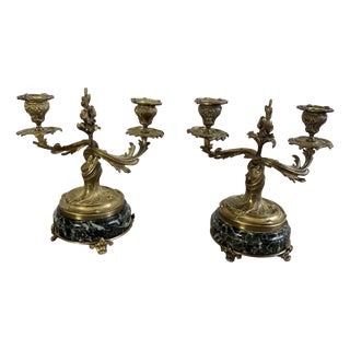 Chiseled Gilt Bronze Candelabras on Marble Bases, 1890s, Set of 2 For Sale