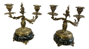 Chiseled Gilt Bronze Candelabras on Marble Bases, 1890s, Set of 2