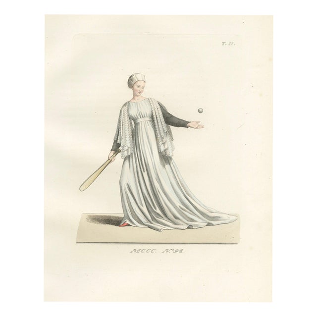 Camille Bonnard, Medieval Tennis Costume Study, Hand-Colored Lithograph, 1845 For Sale